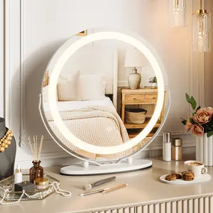 19" Vanity Mirror with LED Lights, Dimmable 3-Color Touch Control, 360° Rotating Round Makeup Mirror for Bedroom, Tabletop, Easy to Assemble, White