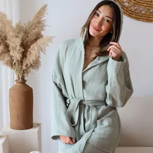 Summer Breeze Turkish Cotton Gauze Robe, Double Layered Muslin Bathrobe with Hood, Unisex Lightweight and Thin Perfect for Dressing Gown