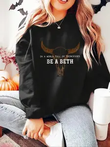 Women's Bull Head & Letter Print Drop Shoulder Sweatshirt, Casual Long Sleeve Round Neck Pullover for Fall & Winter, Ladies Clothes for Daily Wear