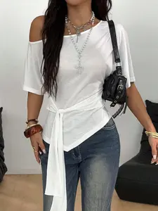 Women's Solid Colors Asymmetrical Off-Shoulder T-Shirt, Short Dolman Sleeves, Self-Tie Waist Sash, Asymmetrical Hem, Soft Breathable Knit Fabric, Casual Daily & Street Style Wear, Edgy Minimalist Style  1 Piece