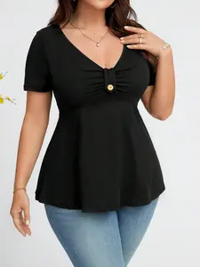 Plus Size V Neck Ruched Gold Button Waist Peplum Short Sleeve Top, Solid Slim Fit a Line T-Shirt, Casual Wear for Plus Women