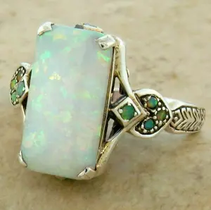 Victorian Style Square White Fire Opal Silver Ring Wedding Rings Victorian Style Square White Fire Opal Silver Ring Wedding Rings