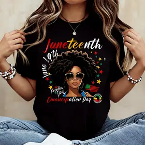 June 19th Juneteenth Freedom Day Emancipation Day Afro Woman With Flag And Stars Print T Shirt Crew Neck Casual Loose Fit For Everyday Wear And Outdoor Activities