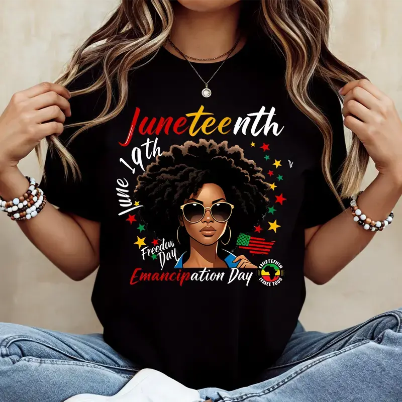 Women's African Style Pure Cotton Juneteenth T-Shirt - 180G Round Neck Short Sleeve, All Over Afro Print, Casual Loose Fit, Machine Washable Beach Summer Essential Top, All Over Print
