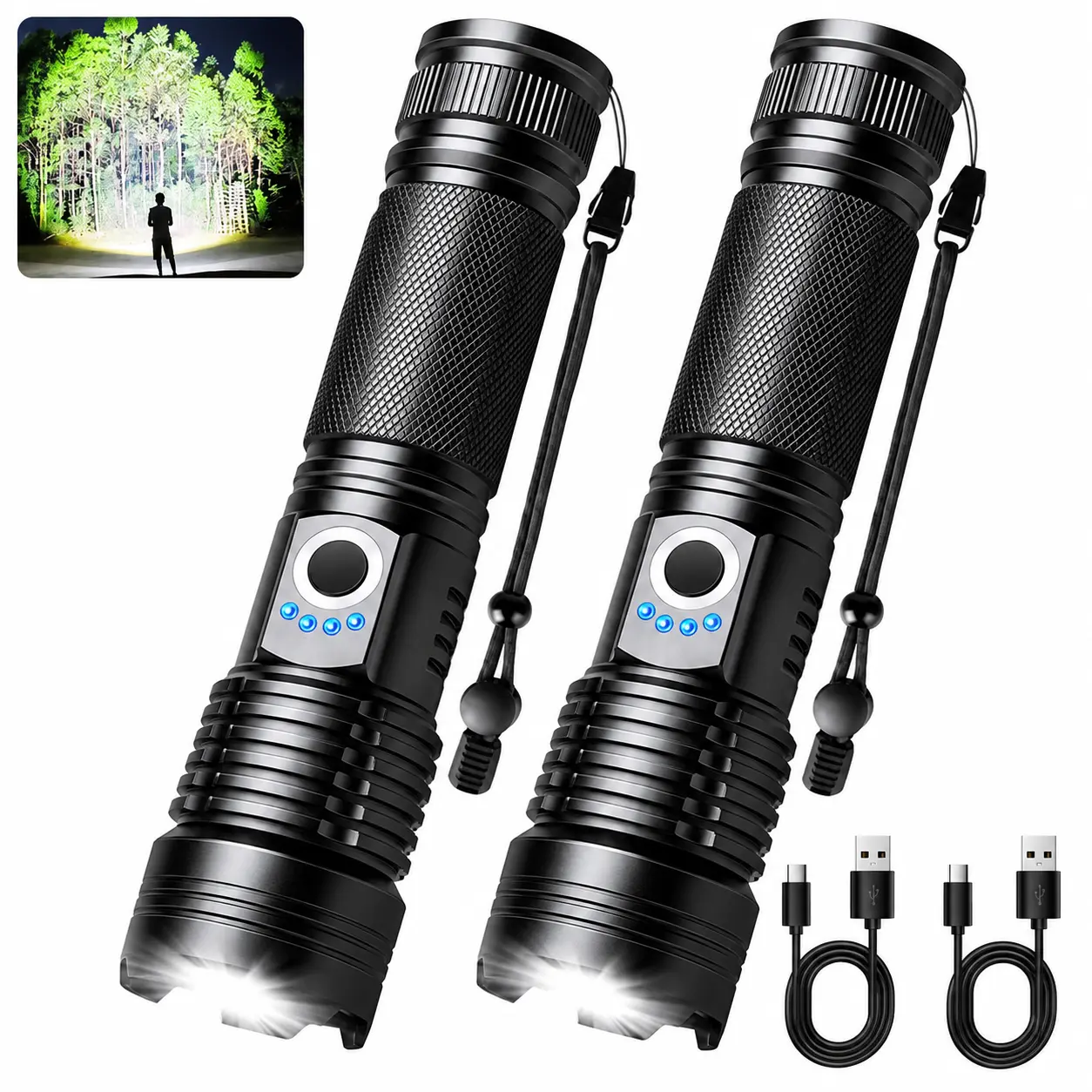 Rechargeable Flashlights 2 Pack Super Bright High Lumens Flashlight LCD Digital Display, 5 Modes, USB C Charging, Zoomable Linternas, Powerful Handheld Flashlights for Home Emergencies Camping