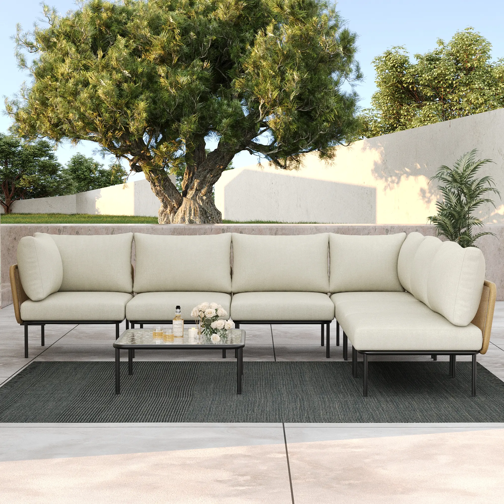 LayinSun 7-Pieces Aluminum Patio Furniture Set, Modern Modular Sectional Sofa with Coffee Table and Upgrade Thickness Cushion, Multiple Packages
