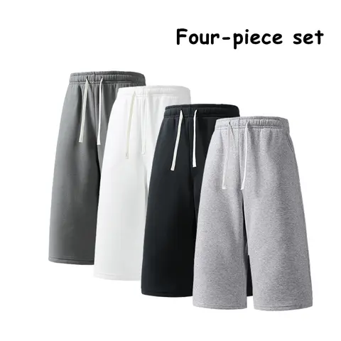 Men’s 3-Quarter Straight-Leg Plain Short Simple Polyester Casual Trousers 4-Pack - Menswear, Mid Waist, Drawstring, Versatile for Teen Boys, Easy Top Matching