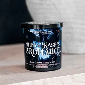 Sinny + Kash’s Bromance Scented Candle, Shantel Tessier officially licensed, Bookshelf Decor Glass Jar Wood Wick Matte Home Fragrance Decoration