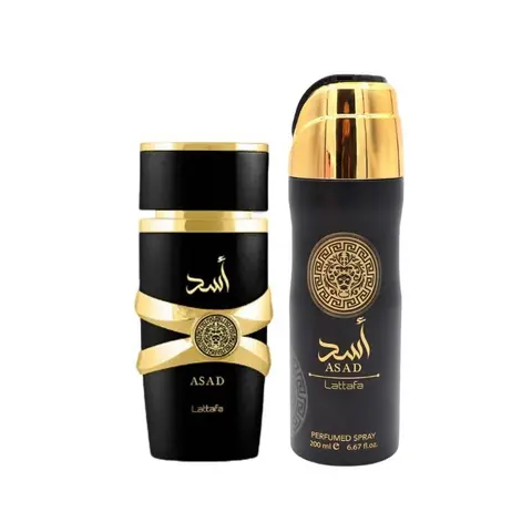 Lattafa Asad Men's 2-Piece Perfume Combo Set - Arabic Inspired Bold Arabian Aromas, Woody-Spicy EDP Sprays, Fresh Vanilla, Amber, Patchouli, Powdery Drydown, 3.4fl.oz EDP, 6.6fl.oz Deodorant Spray, Scent Layering, Day-Long Vibe