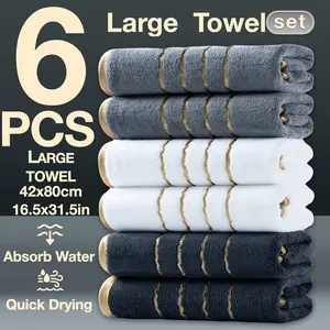 6pcs Luxury Golden-Thread & Golden-Border Embellished Heavyweight Towel Suite - Thick Plush Coral Suitable for Home, Spa, Hotel - & Hand Towels, Christmas Gift, 6pcs Towel Collection, Premium Towel Set