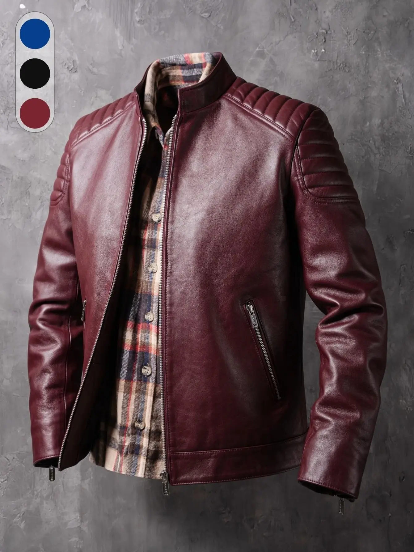 Men’s stand collar biker leather jacket with pressed shoulder design, vintage everyday wear for autumn/winter