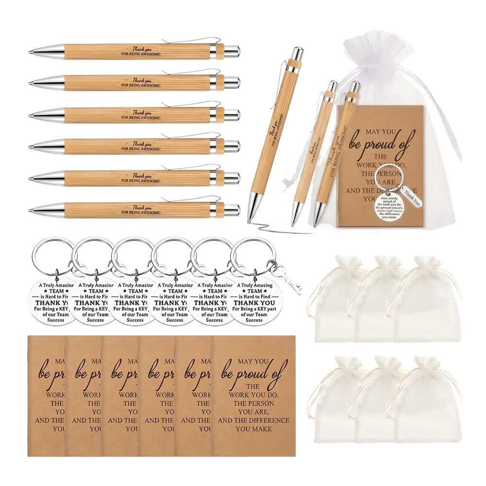 24-Piece Natural Bamboo Inspirational Gift Set - Retractable Pens with Engraved Quotes, Keychains, "Thank You" Notebooks, Storage Pouches, Mini Useful Festive Party Gifts for Thanksgiving, Christmas (6 each item)