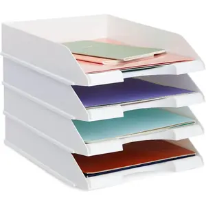 4 Pack White Stackable Paper Trays for Letter Documents, Desktop File Organizers for Office Supplies, Stackable Desk Tray Holder for Paper Storage (10 x 13.45 x 2.5 in)