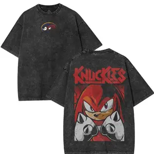 Retro Limited Knuckles the Echidna Graphic Tees T-Shirts, Sonic Movie Cartoon Unisex Oversized Heavyweight Cotton Wash Tee, Casual Comfort