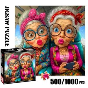 1pc 1000 piece adult puzzle 58x58cm Two Stylish Elderly Women on Airplane with Big - framed Glasses and Colorful Outfits 500 pieces of paper puzzle, suitable for adults and families, large-scale