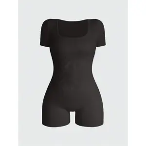 Women's Solid Short Sleeve Sports Bodysuit, Casual Sporty Square Neck Bodycon Bodysuit for Yoga Gym Workout, Ladies Sportswear for All Seasons, Gym Workout Apparel, Athleisure Style Workout Gym Clothing, Stretchable Stylish Activewear