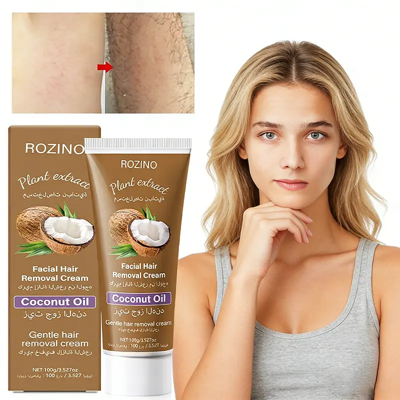 ROZINO Coconut Oil Hair Removal Cream, Gentle & Painless Depilatory for Face & Full Body, Body Care Cosmetic for Sensitive Skin (3.52 oz / 100g), Facial Hair Removal, Youth, Single Item