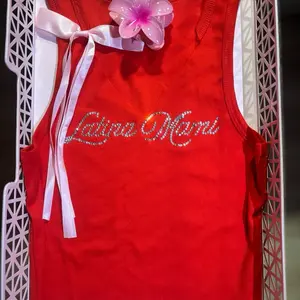 LATINA MAMIA Red Ribbed Tank Top with Sparkling Text and Pink Flower Accent