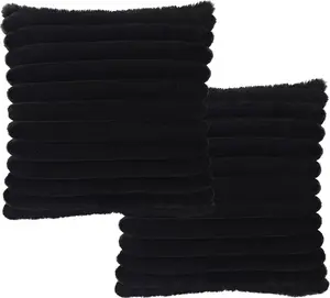 2-Pack 14x14 Chunky Striped Faux Fur Velvet Pillow Covers, Plush Texture Square Throw Cushion Cases for Living Room, Home Sofa, Black, Chunky Stripes, Two-Pack