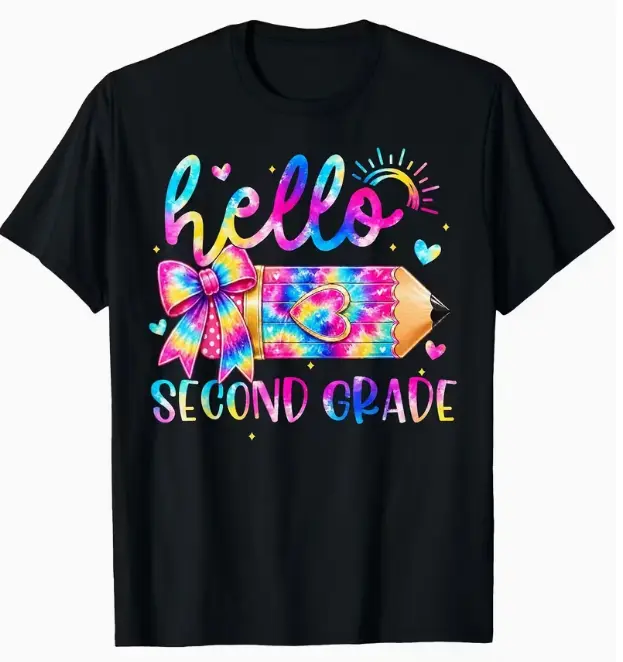 Hello Second Grade Tie Dye Pencil Bow Rainbow Heart Girls Tee Back To School Summer 100% Cotton Black Short Sleeve Printed Top