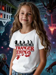 Girls' Fashion T-Shirt, Holiday Party Wear, Round Neck Short Sleeve Graphic Fashion Tee, Stranger Things Creative Design Print, Perfect Gift for Ages 4-12