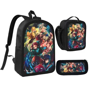 Demon Slayer Backpack Set 3-Piece Tanjiro Backpack Pencil Case Insulated Lunch Bag Anime Themed School Bag