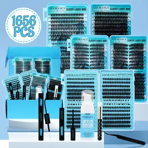 ADORANCE Mega Capacity Lash Clusters Kit 1656pcs, DIY Individual Lash Extensions with Bond & Seal, Lash Remover, Lash Applicator, Lash Shampoo Brush, Wispy Natural Eyelash Clusters for Natural Volume, Salon Look at Home