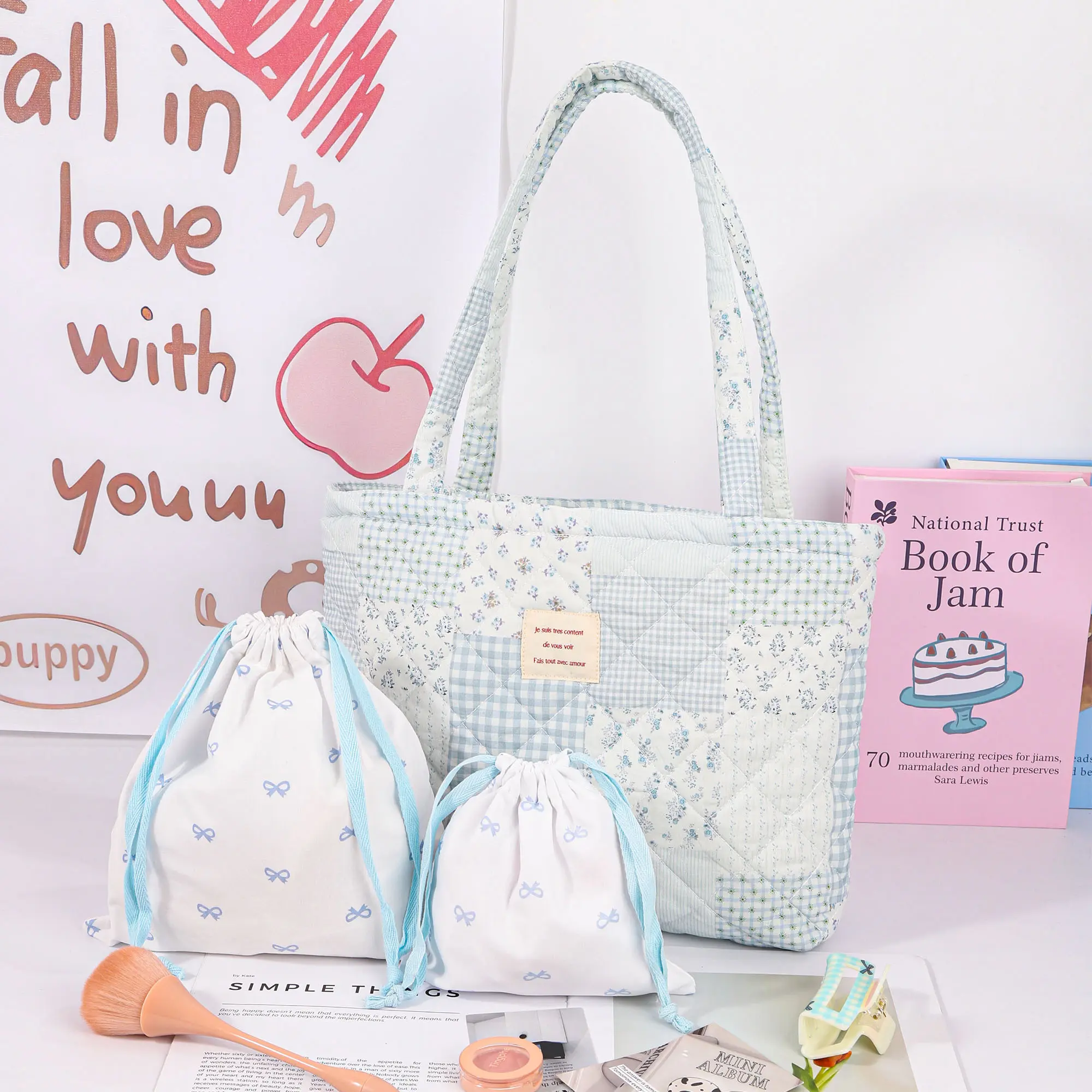 3 pcs Printed Floral Patchwork Women Casual Quilted One-Shoulder Tote Bag Portable Large Capacity Shopping Bag, Floral Tote Bags, Aesthetic Tote, For Office Commuting Travel And Vacation Essentials Cosmetics Toiletry Storage Bag, Friend Gift HolidayGift