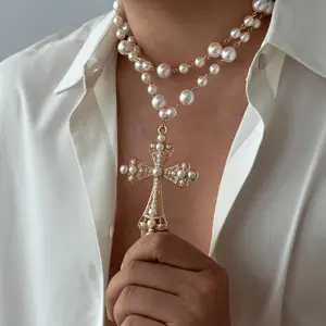 2Pcs/Set Fashion Hiphop Style Asymmetrical Layered Faux Pearl & Metal Cross Pendant Necklace Set, Vintage Gothic Style Beaded Necklace For Men