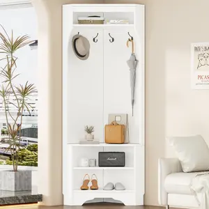 Corner Hall Tree with Shoe Bench, Versatile Entryway Coat Rack with 4 Hooks, Corner Cabinet with Adjustable Shelf for Hallway, Living Room, White, 29.5''W*71.6''H