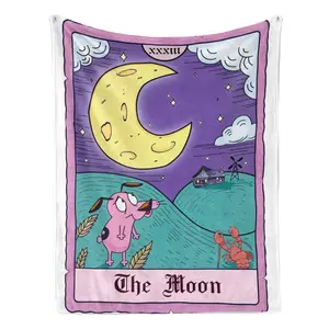 Courage the Cowardly Dog The Moon Tarot Card Flannel Fleece Blanket – Whimsical tarot-style design featuring Courage under a glowing crescent moon, blending retro cartoon charm with mystical vibes, perfect for fans and cozy, spooky nights