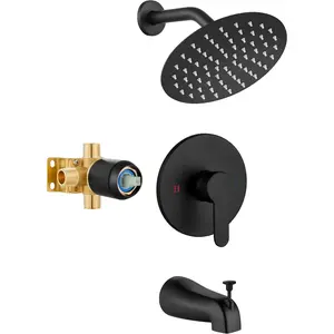 Bathroom Tub Shower Faucet Set Shower  and Handle Set Bathtub Faucet Set Complete with Rough-in Valve Trim Kit with 8 Inch Round Shower ,Matte Black