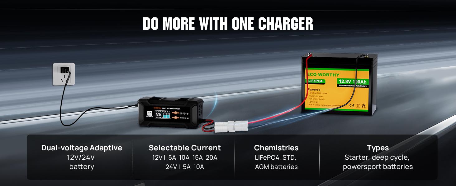 ECO-WORTHY 12V/24V 20A Automatic LCD All-in-1 Battery Charger Solution for Lithium LiFePO4 & Lead Batteries, 14.6V Output, 15V Pulse Repair, 0V Activation, Overcharge Protection for Home Electrical Power Supplies, Motorcycles