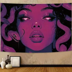 1Pc Cyberpunk Girl With Snake Design Tapestry - Vibrant Purple Wall Hanging, Soft Peach Skin Fabric, Hand-Stitched Edges, Elegant Home Decor For Living Room, Bedroom, Dorm, Or Party Gift boys and girls room decor