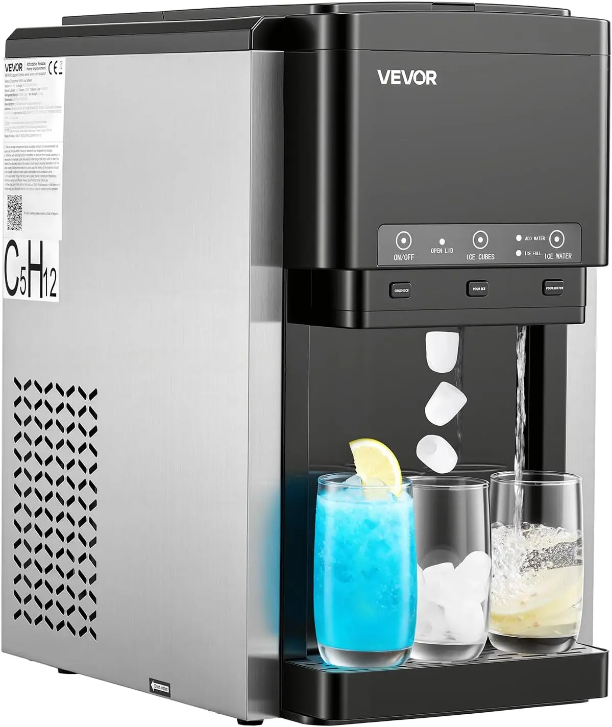 VEVOR Water Dispenser with Ice Maker, 3-in-1 Countertop Water Dispenser, 35 LBS/24H, 12 Cubes/7 Min Fast Ice Making with 4 LBS Storage, Bullet/Crushed ICES & Cold-Water, for Home, Kitchen, Party