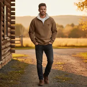 Men's Vintage Western Aztec Print Casual Long Sleeve 1/4 Zip Pullover Sweatshirt - Soft Fleece Cowboy Style Winter Fall Clothing, Comfortable Warm Quarter Zip Fleece Top for Outdoor Activities, Daily Wear, Western Fashion ApparelRW0N