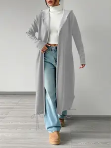 Women's Loose-Fitting Long Hooded Cardigan Sweater, Casual Plain Design, Spring & Fall Outerwear, Comfortable American Style