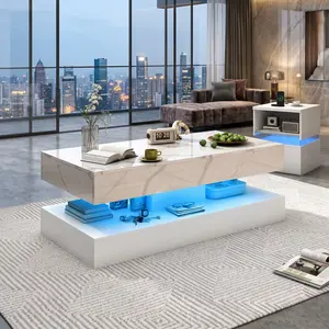 39/47 LED Coffee Table, White 2-Tier High-Gloss MDF Table with Sliding Drawers & Open Storage, Hidden LED Strip Lights (Multi-Modes), Easy to Assemble, USB/DC Power, for Living Room Office Apartment Decoration