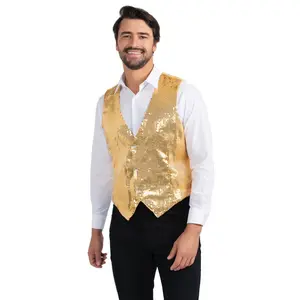 Sequin Vest For Adults - Sparkly Gold Vest with Adjustable Back Buckle - Fully Lined Party Outfit – Perfect for Dance, Halloween, Stage Performances ,Theme Party & Costume Party - Fancy Menswear