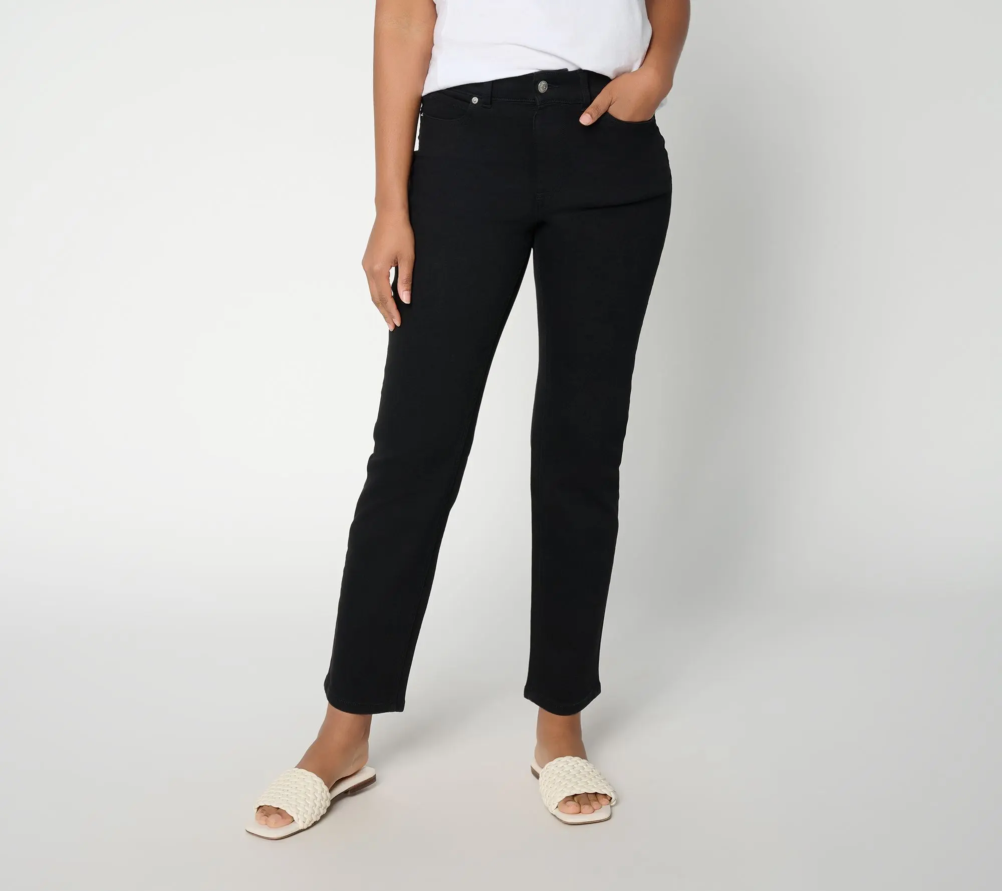 Denim & Co. Petite Black So Soft Denim Straight Leg Jeans