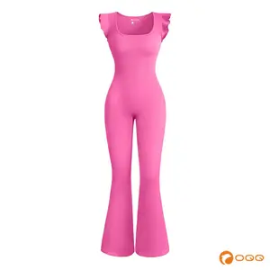 OQQ Jumpsuits For Women Ribbed Square Neck Ruffles Sleeveless Flare Long Pants Stretchy Soft Party Jumpsuits Womenswear Lady Comfort Bridal Basic