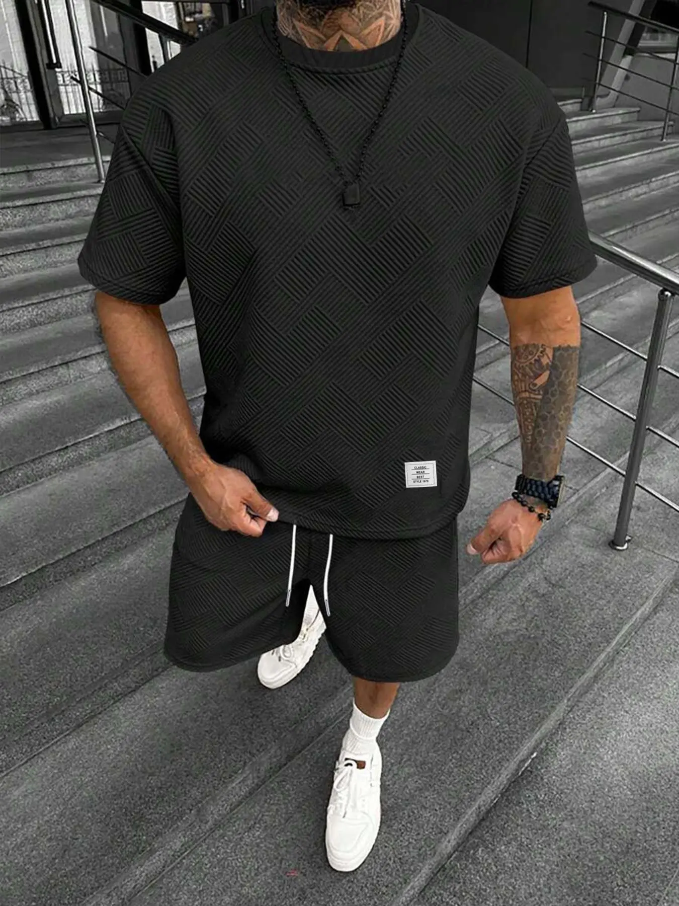 Men's Solid Color Textured Letter Patched Round Neck Tee & Drawstring Waist Shorts Two-Piece Set, Regular Fit Casual Fashion Short Sleeve T-shirt & Pocket Track Shorts, Men's Summer Clothes for Daily Wear