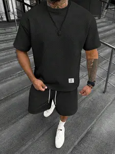 Men's Solid Color Textured Letter Patched Round Neck Tee & Drawstring Waist Shorts Two-Piece Set, Regular Fit Casual Fashion Short Sleeve T-shirt & Pocket Track Shorts, Men's Summer Clothes for Daily Wear