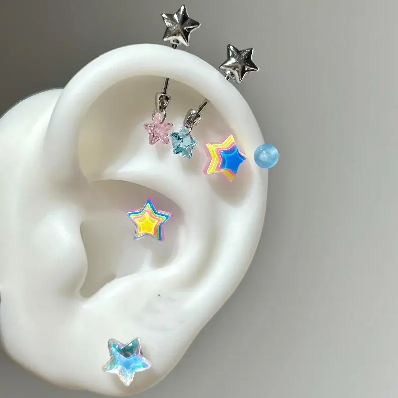 1 Pcs Colorful Star Annular Ear Bone Nail Stainless Steel Cute Love Heart Cross Earrings for Women Body Puncture Accessories