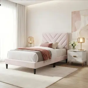 Twin Bed Frame with Mattress Included, Upholstered Velvet Platform Bed with V-Stitch Headboard, 12 Slats Support, No Box Spring Needed