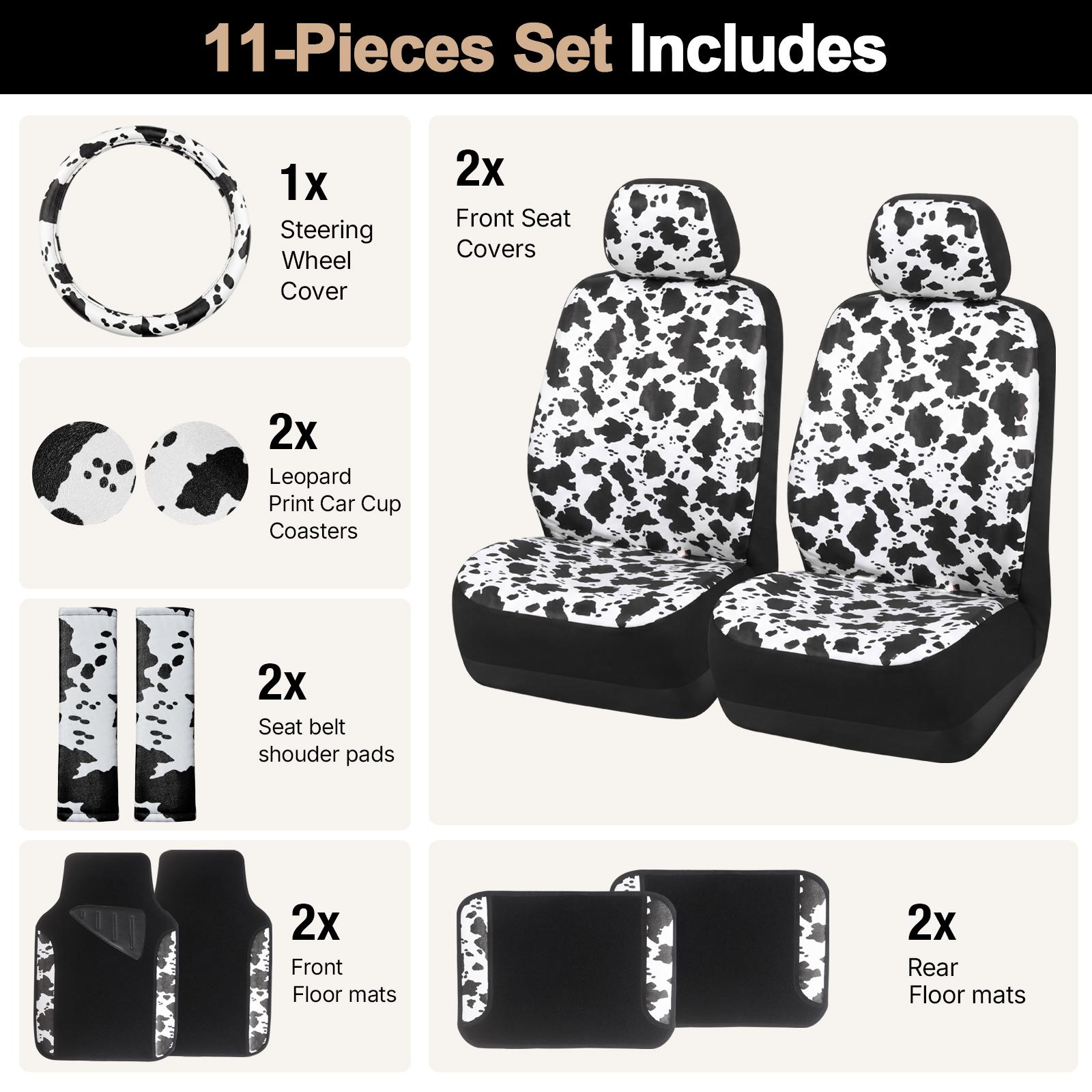 Cow Print Car Seat Covers Full Set, 11PCS Cute Cow Pattern Car Accessories Kit with Steering Wheel Cover, Seat Belt Pads & Floor Mats, Universal Fit for Cars SUVs Trucks