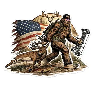 Bigfoot Deer Hunting Sticker, Funny American Flag Hunter Vinyl Decal for Trucks, Coolers & Laptops, Waterproof Outdoor Hunting Gear Gift