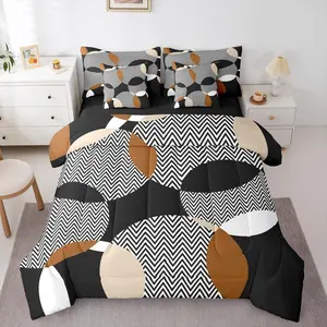 Circle Swirls 7 Piece Comforter Set,Bed in A Bag Geometric Ripple Bedding Set,Black White Brown Quilt Retro Lines Stripe Duvet Insert Abstract Texture Sheet Set with Comforter
