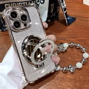 Women's Phone Case with Mirror & Stand for iPhone&Samsung. Features a silver chrome alloy frame, reinforced corner protection, and full-body drop-resistant design.