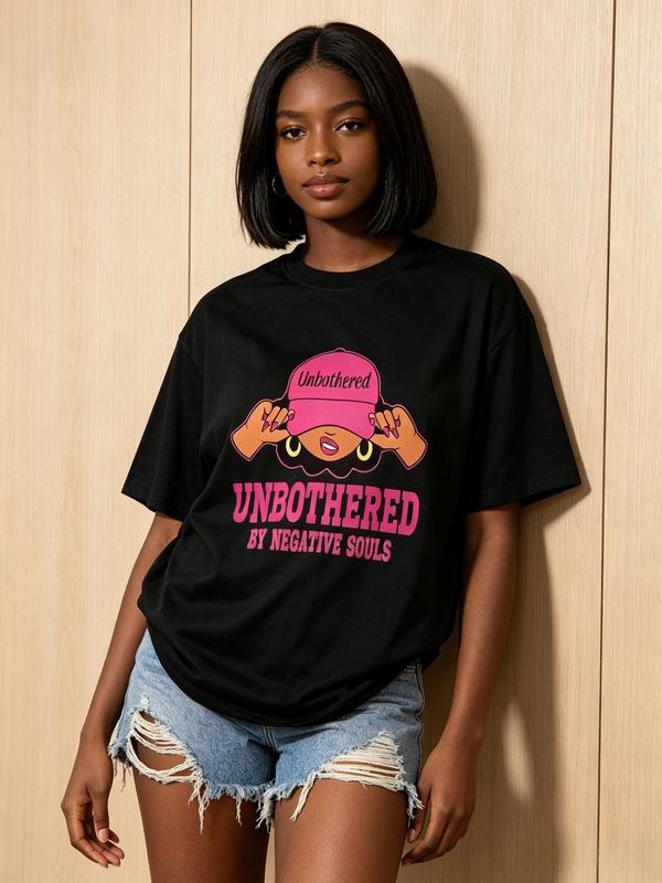 Women's Plus Size Casual Comfortable T-Shirt - Sassy "Unbothered by Negative Souls" Graphic, Oversized Short-Sleeve Crew Neck, Beach-Style Curvy Top